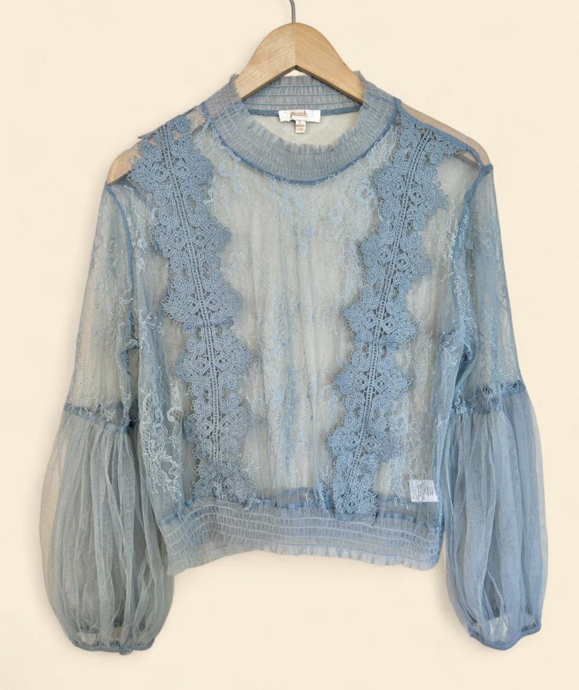 Peach Blue Solid Sheer Lace Mesh Mock Neck Balloon Sleeve Blouse Top L