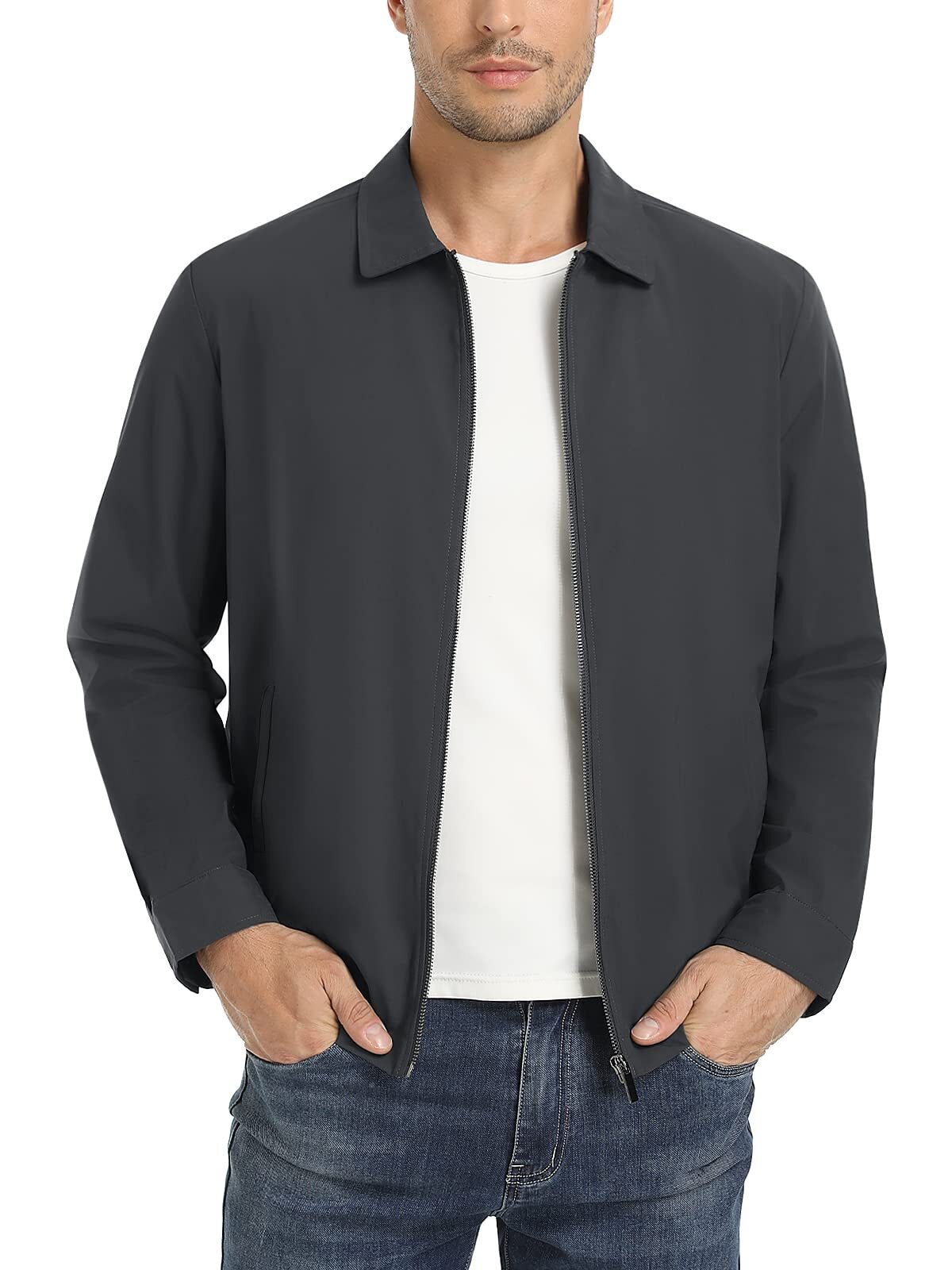 Men’s Lightweight Jackets Casual Laydown Collar Jacket Full-Zip Spring Golf Coat