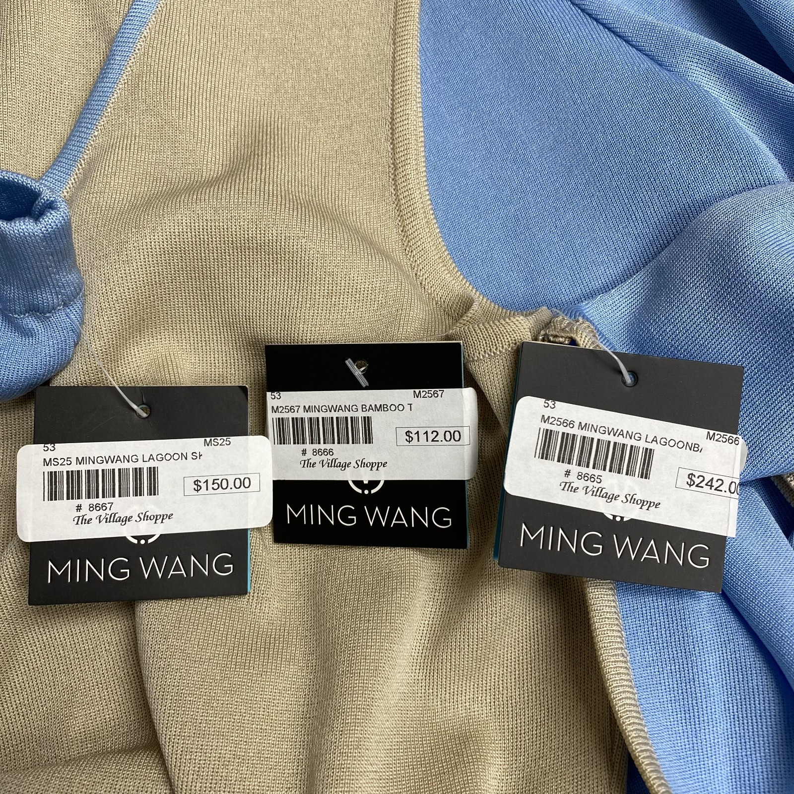 Ming Wang 3 Piece Knit Suit Set Womens Blue Tan Tank Cardigan & Skirt M L NWT