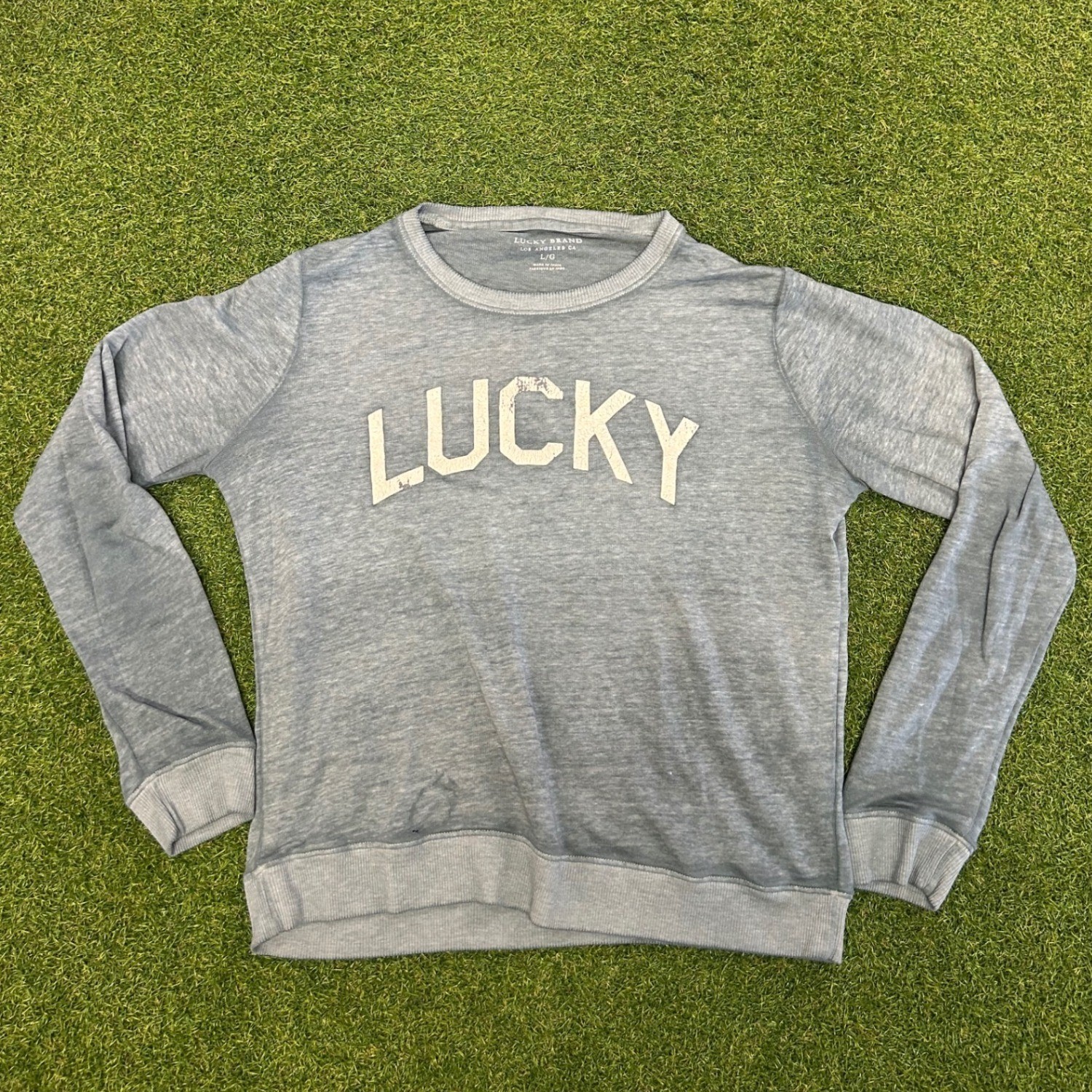 Lucky Brand Mens Blue Distressed Lucky Graphic Long Sleeve Sweatshirt Size Large