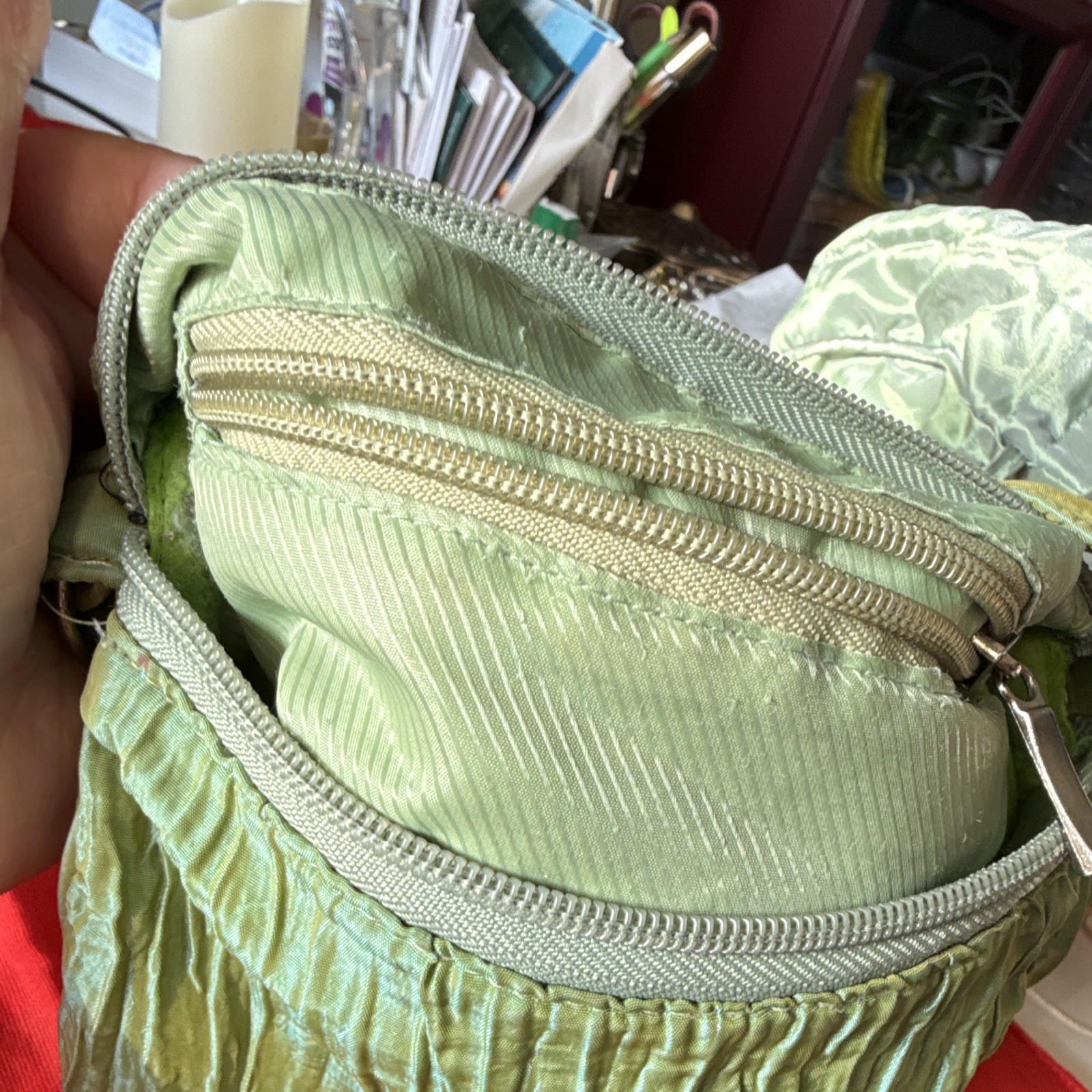 Green Ruffle Bow Beaded Floral Shoulder Bag Silver Hardware Zip Magnetic Lined