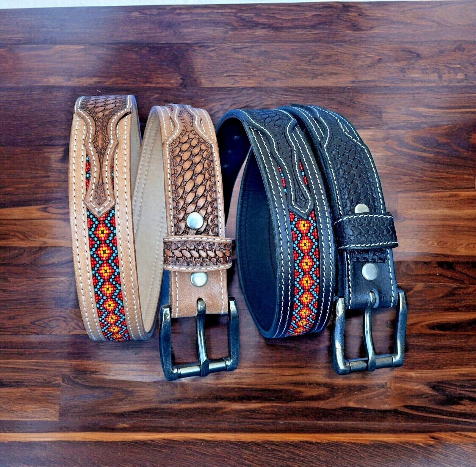 Western Belt Cowboy Rodeo Full Grain Leather Hand Tooled Beaded Removable Buckle