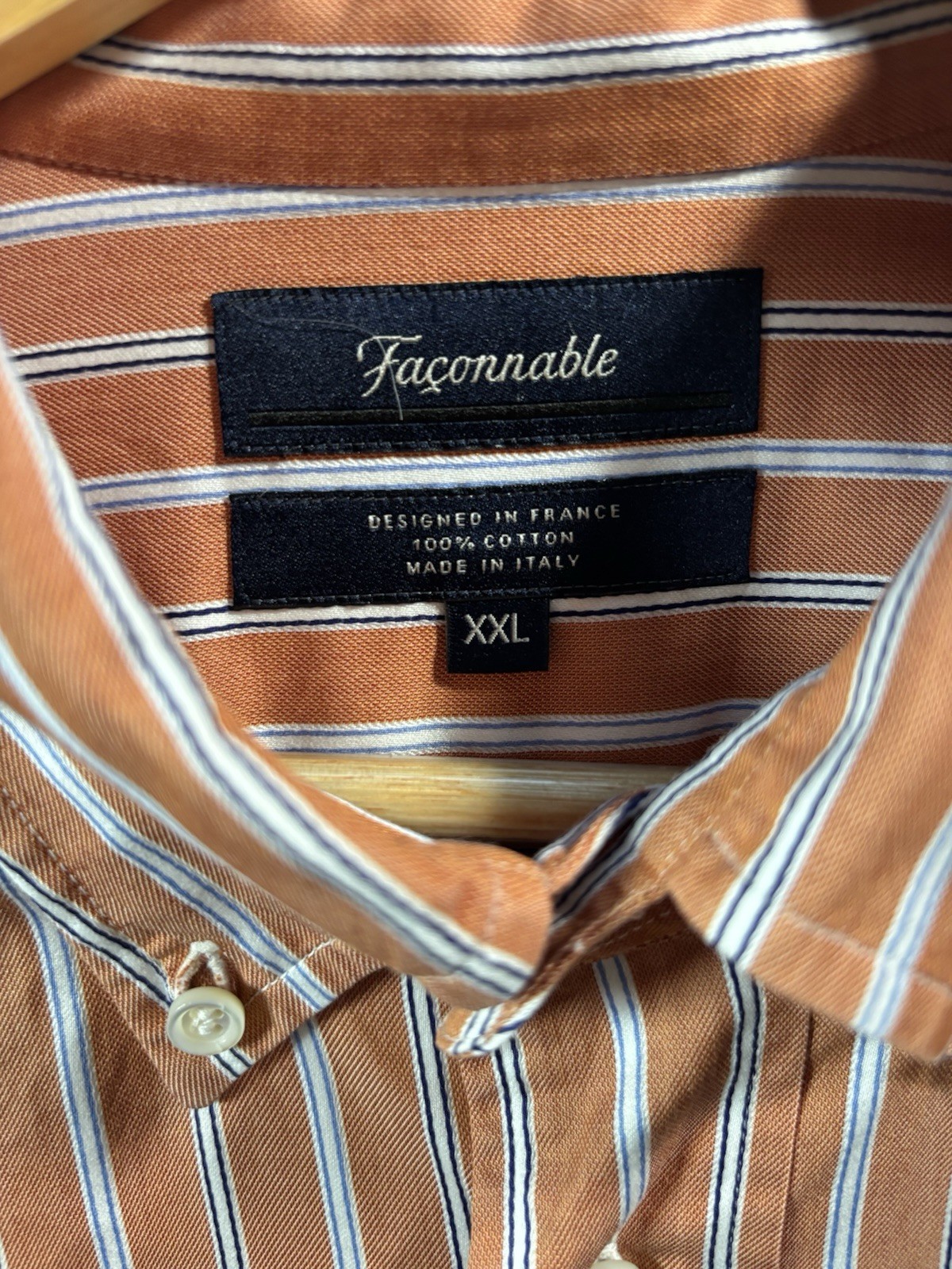Faconnable Shirt Mens 2XL Orange White Blue Striped Woven Cotton BD LS Pocket