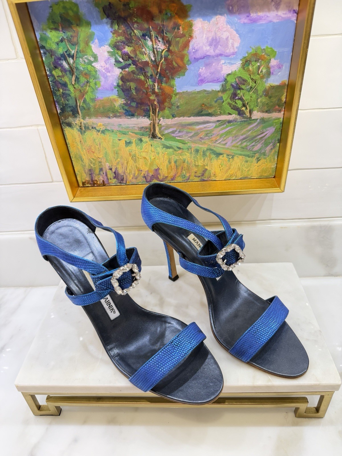 Manolo Blahnik Blue Patent Leather Strappy Studded Pointed Toe Heels 8.5