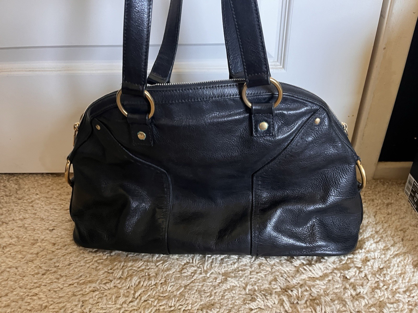 Saint Laurent Black Satchel Top Handle Bag Gold Hardware Zip Inner Pockets