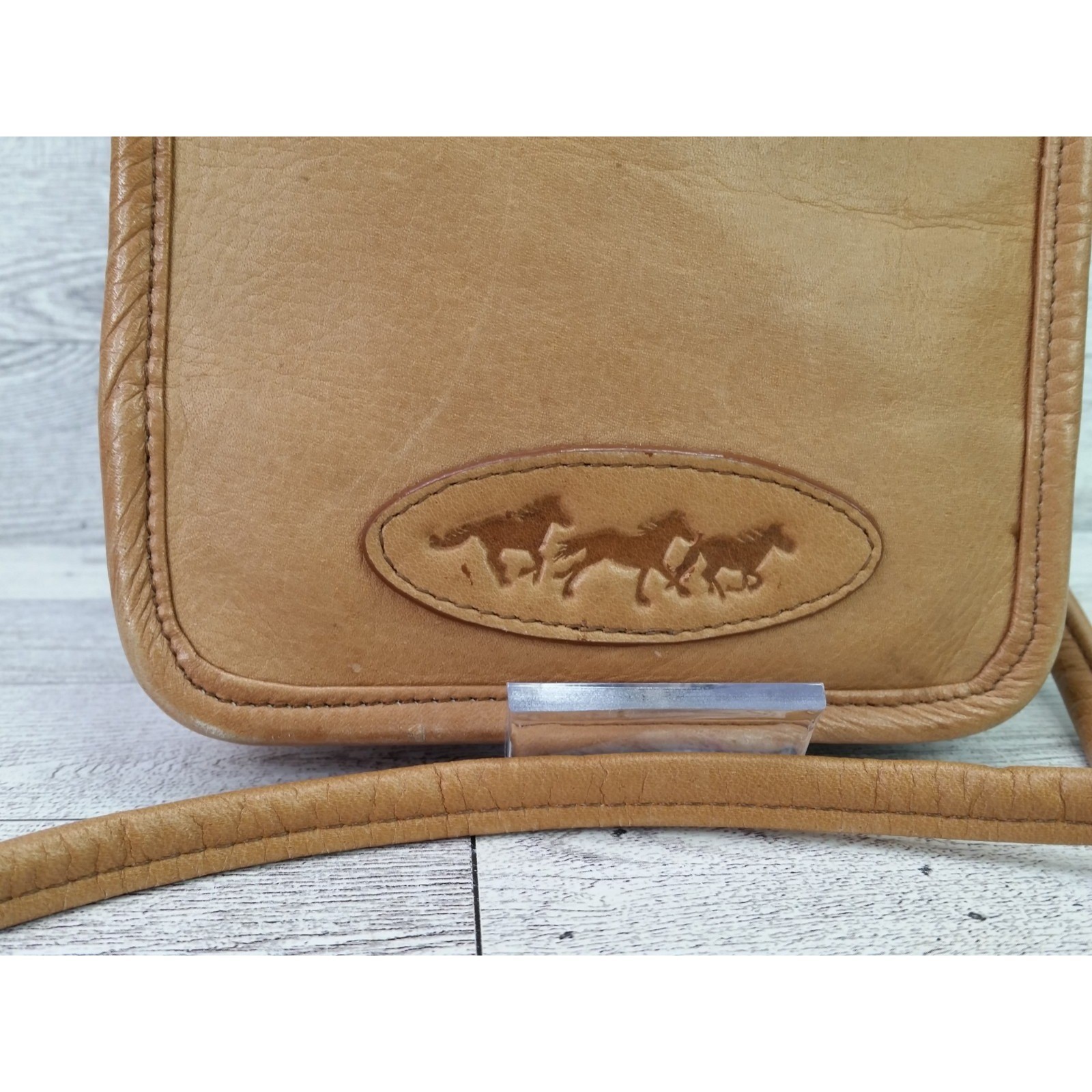 Le Donne Leather Simple Flap Over Crossbody Bag Tan Leather Horses Western