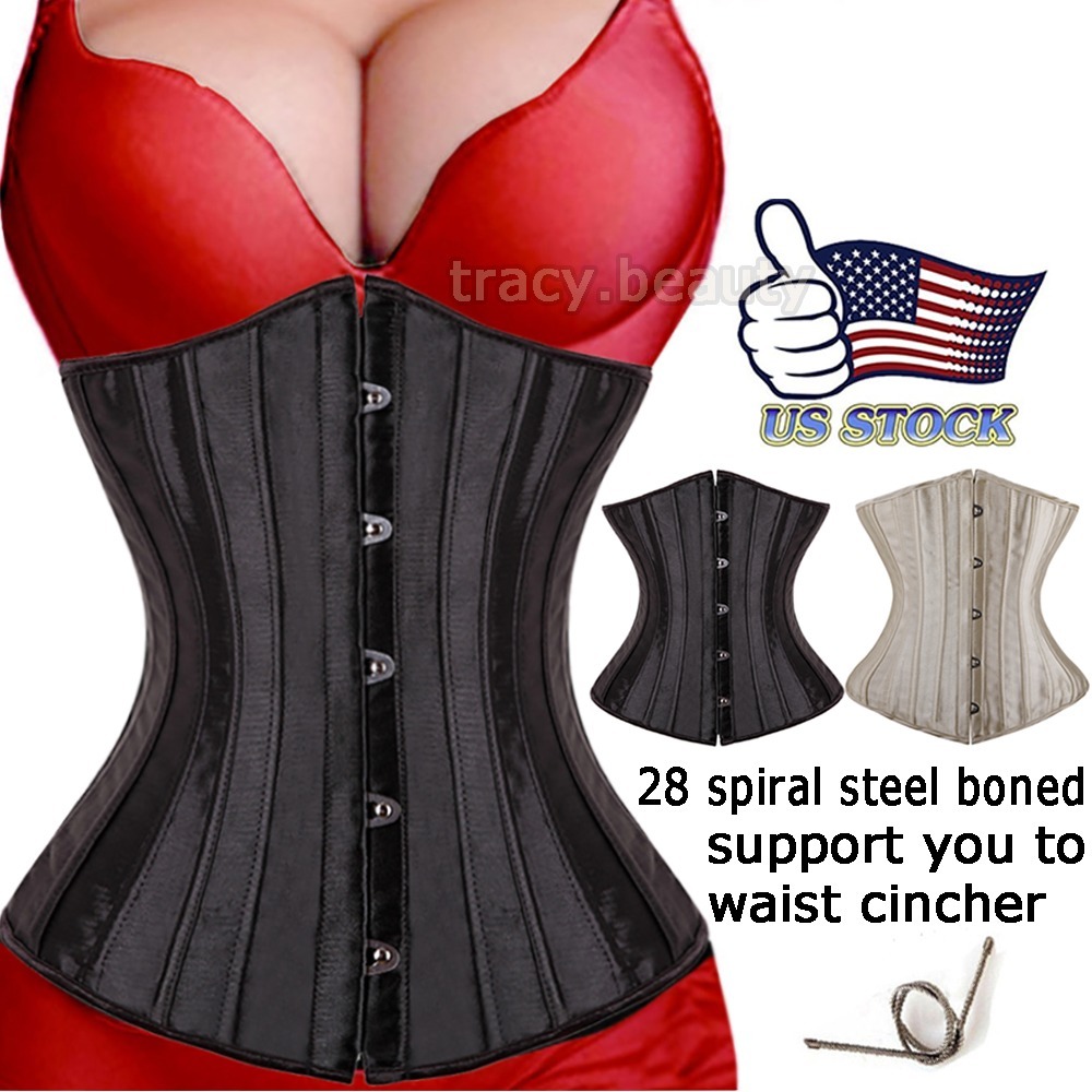 28x Spiral Steel Boned Black Waist Training Cincher Underbust Corset Body Shaper
