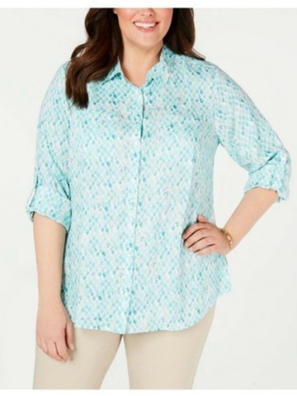 Charter Club Women’s Linen Seahorse Aqua Button Front Roll Tab Sleeve Medium