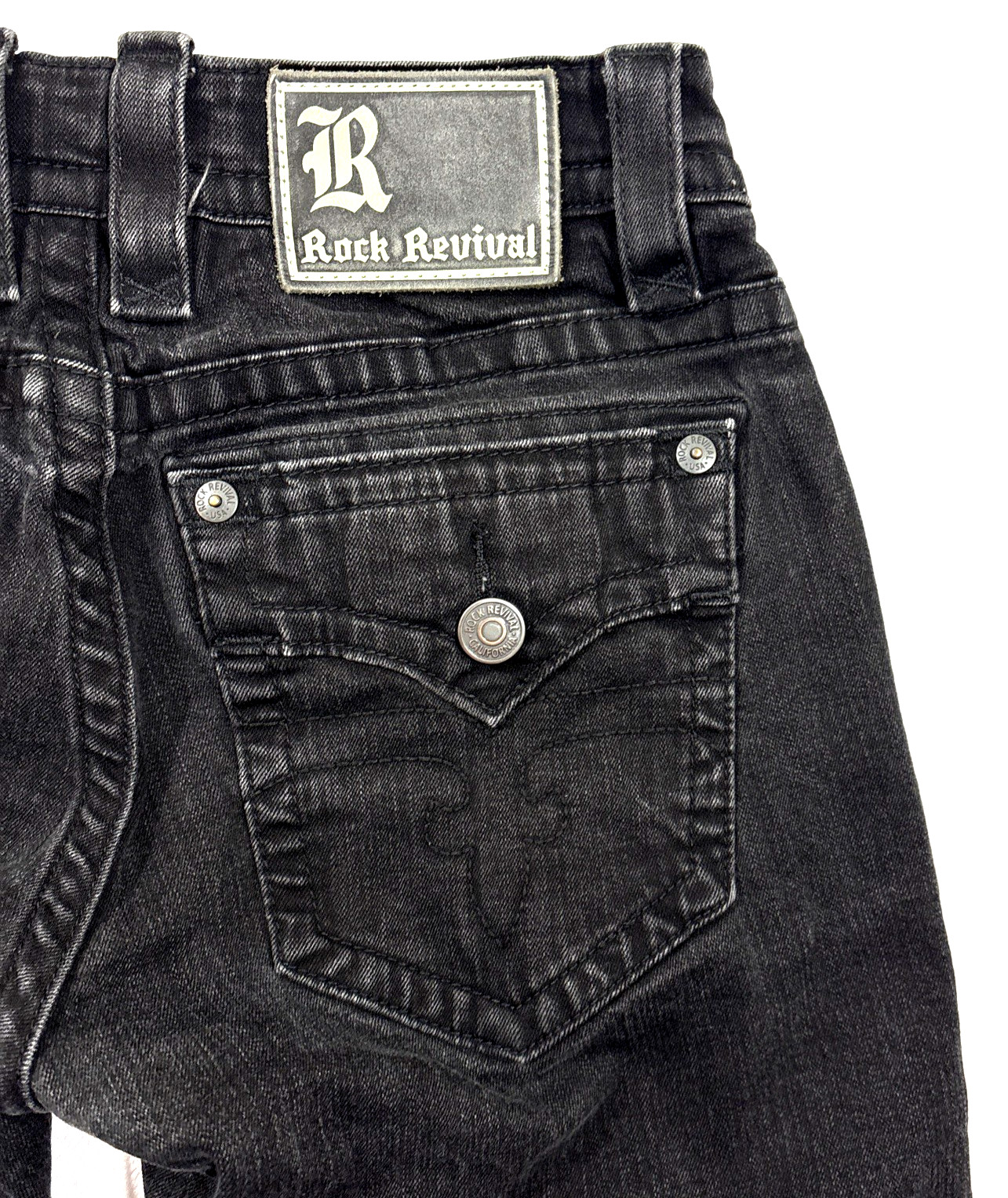 Rock Revival Ryker Jeans Mens 32×30 Slim Straight Black Biker Selvedge EUC Faded