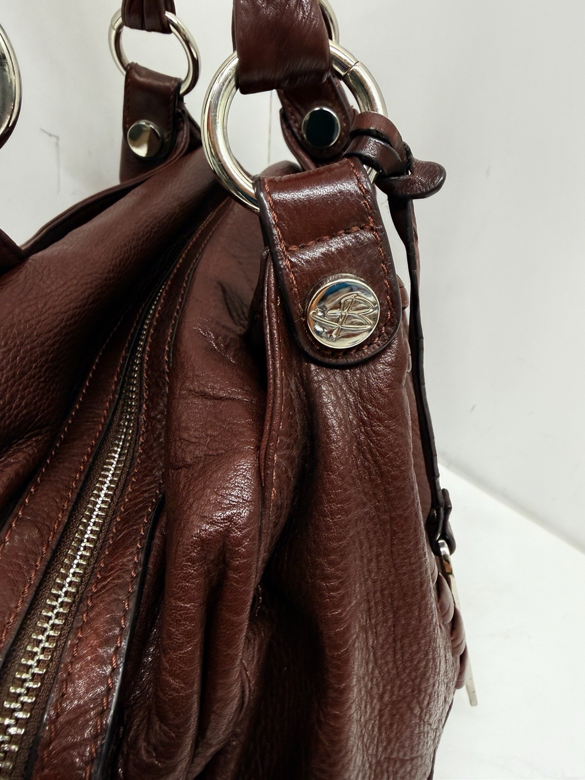 B. Makowsky Brown Pebbled Leather Shoulder Bag Satchel Purse Braided Handles