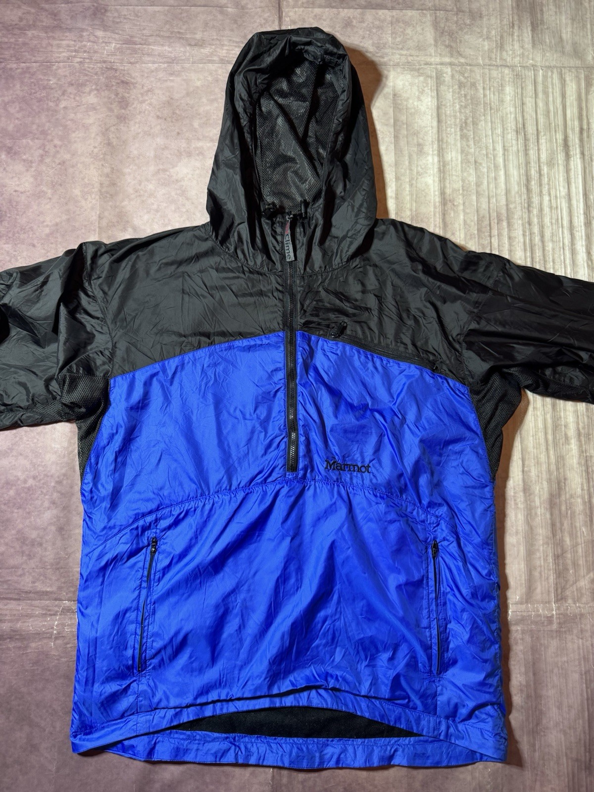 Marmot Driclime Jacket Men’s Sz Small Blue Black Hooded Pullover Outdoor 1/4 Zip