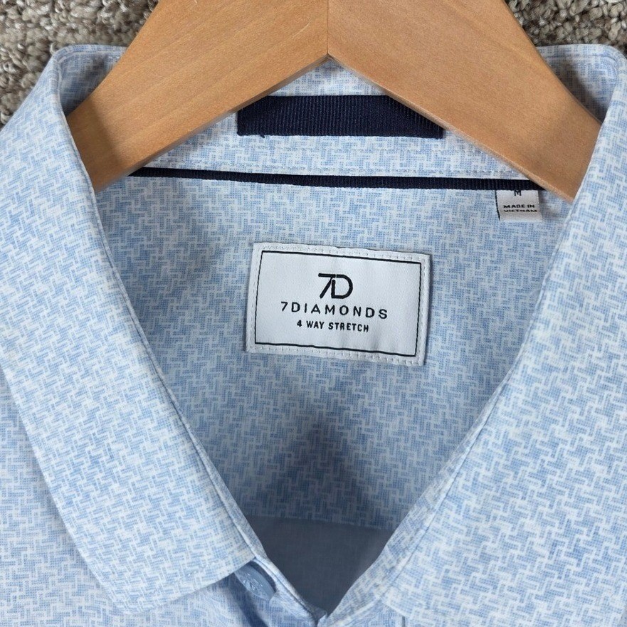 7 Diamonds Mens Medium Blue Geometric 4-Way Stretch Short Sleeve Button Shirt