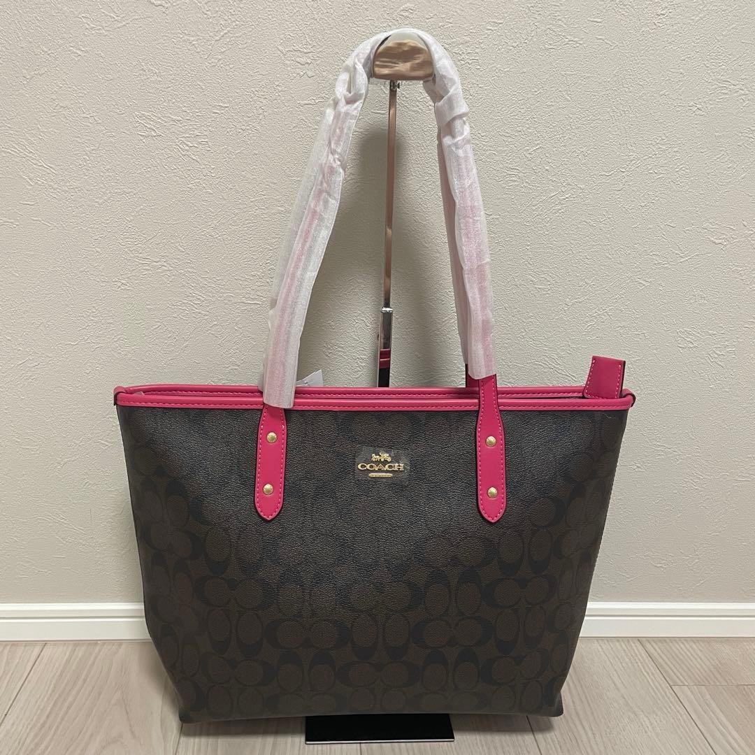 Coach Signature Tote Bag Pink Leather 29x46cm/11.4×18.1in Used