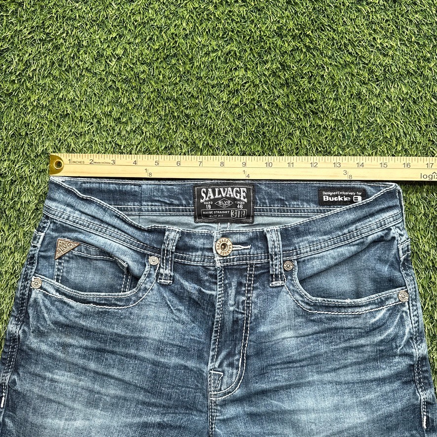 Salvage Havoc Slim Straight Jeans Mens 31×32 32R Blue Denim Distressed