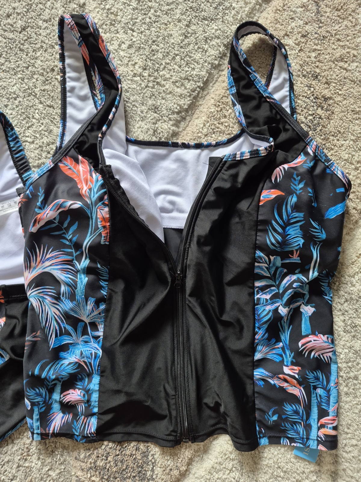 Oudasi 2Pc Tankini Set Zip Front Padded Built-In Bra Swim Shorts 3XL