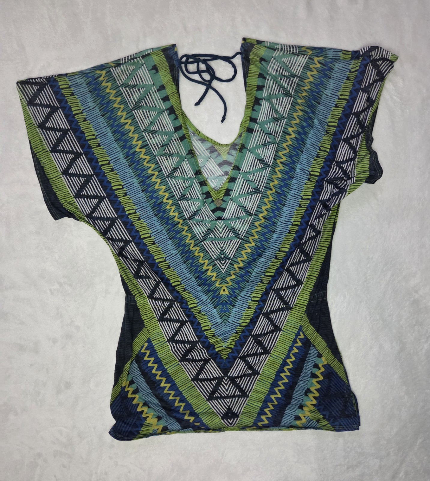 prAna Saida Kaftan Tunic Cover Up Green Teal Aztec Geometric Tissue Jersey S