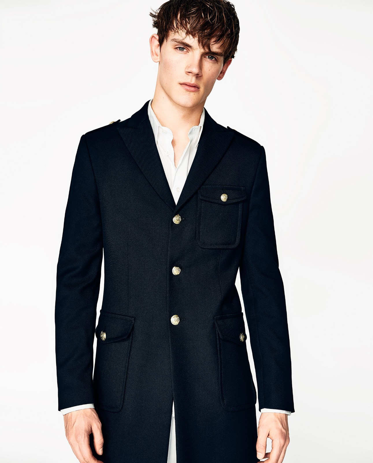 ZARA MAN Men’s Navy Blue Military Coat Gold Buttons NWT 4362/516