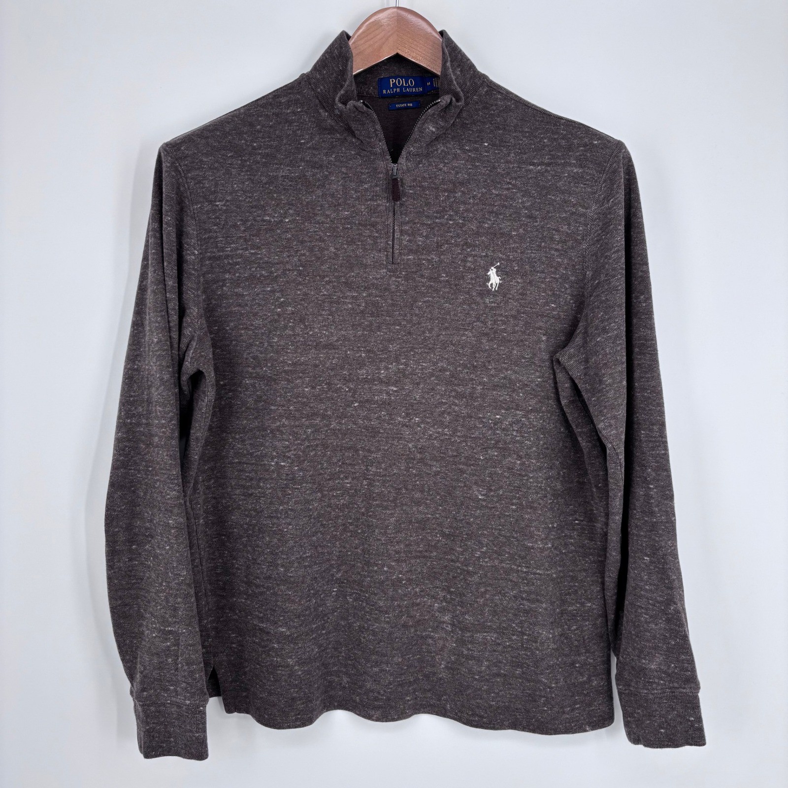 Polo Ralph Lauren 1/4 Zip Sweater Mens M Brown Marled Estate Rib Pullover Preppy