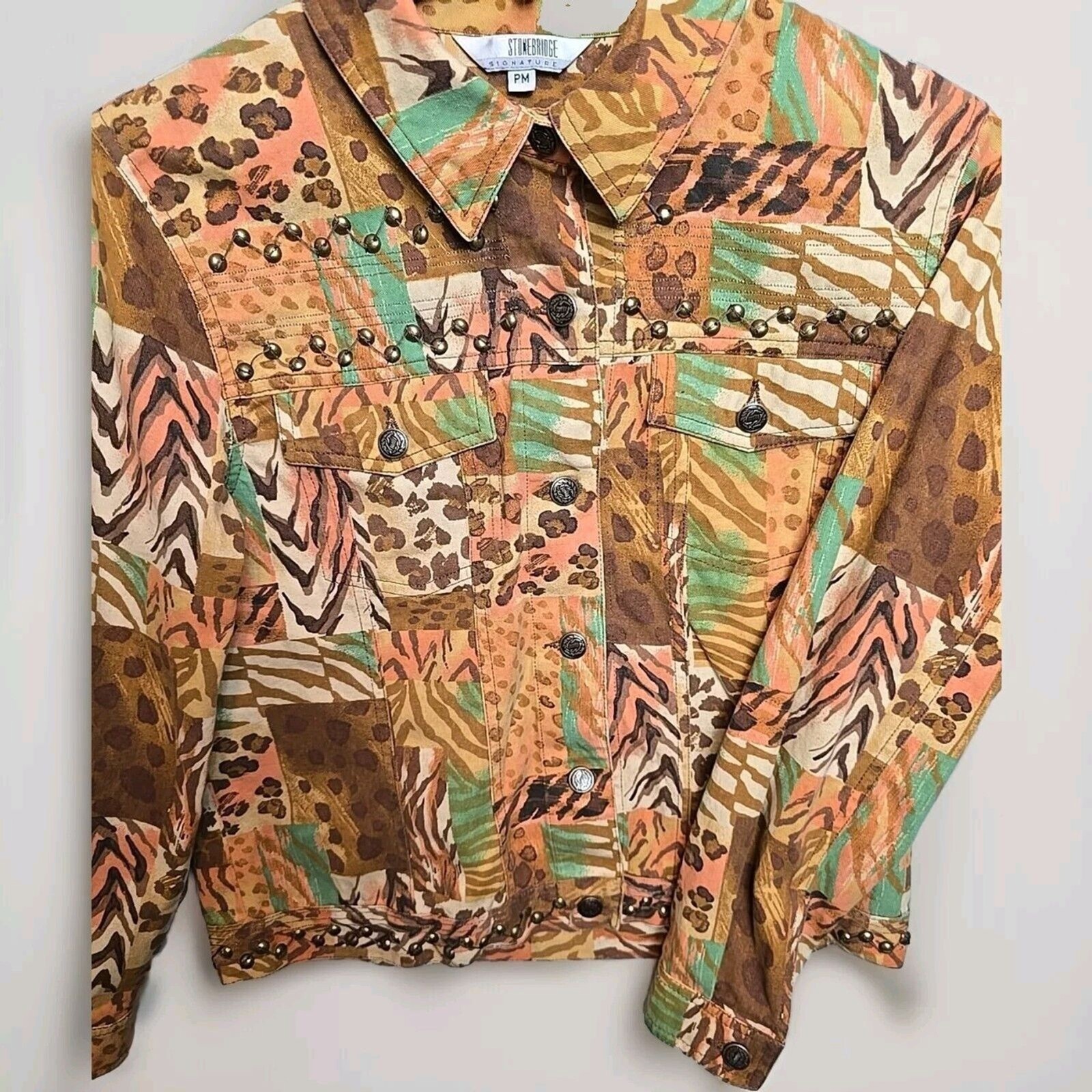 VTG Stonebridge Signature Womens Jacket Petit M Safari Animal Print Snap Front