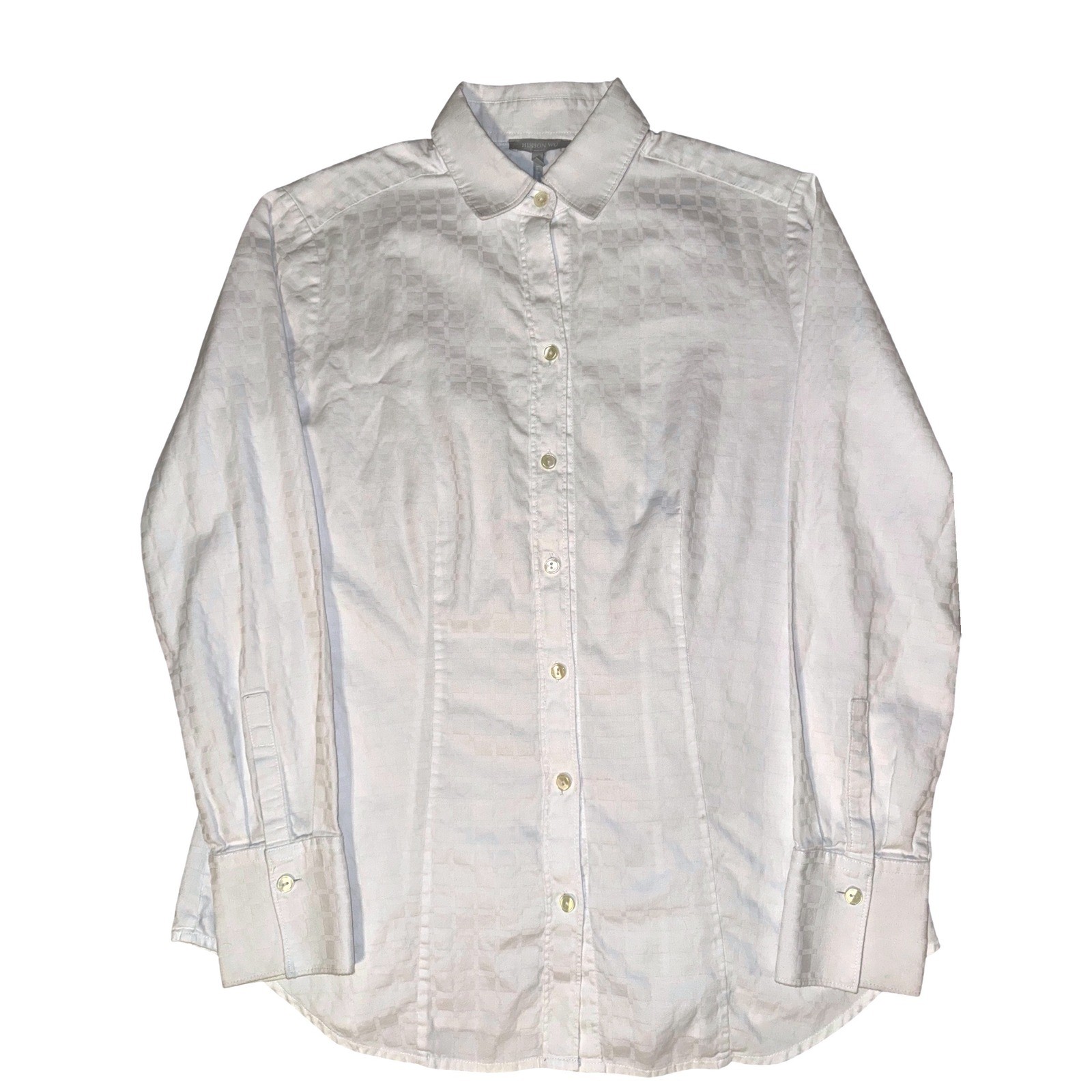 Hinson Wu White Tonal Checkered Jacquard Cotton Button Up Shirt Womens Size 4