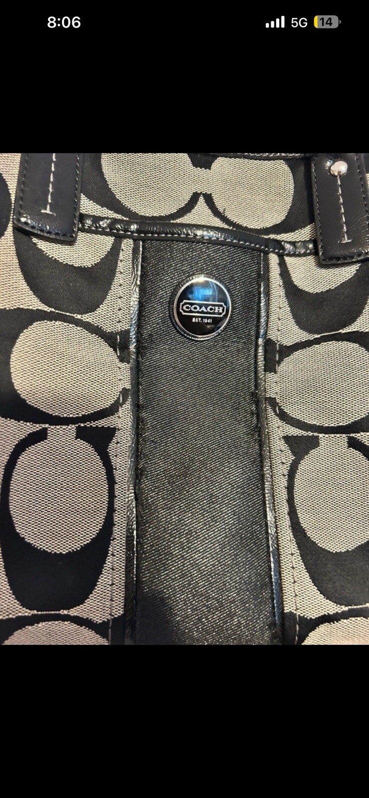 Coach Black/Beige Signature Logo Satchel Bag Zip Closure Silver Hardware Pockets