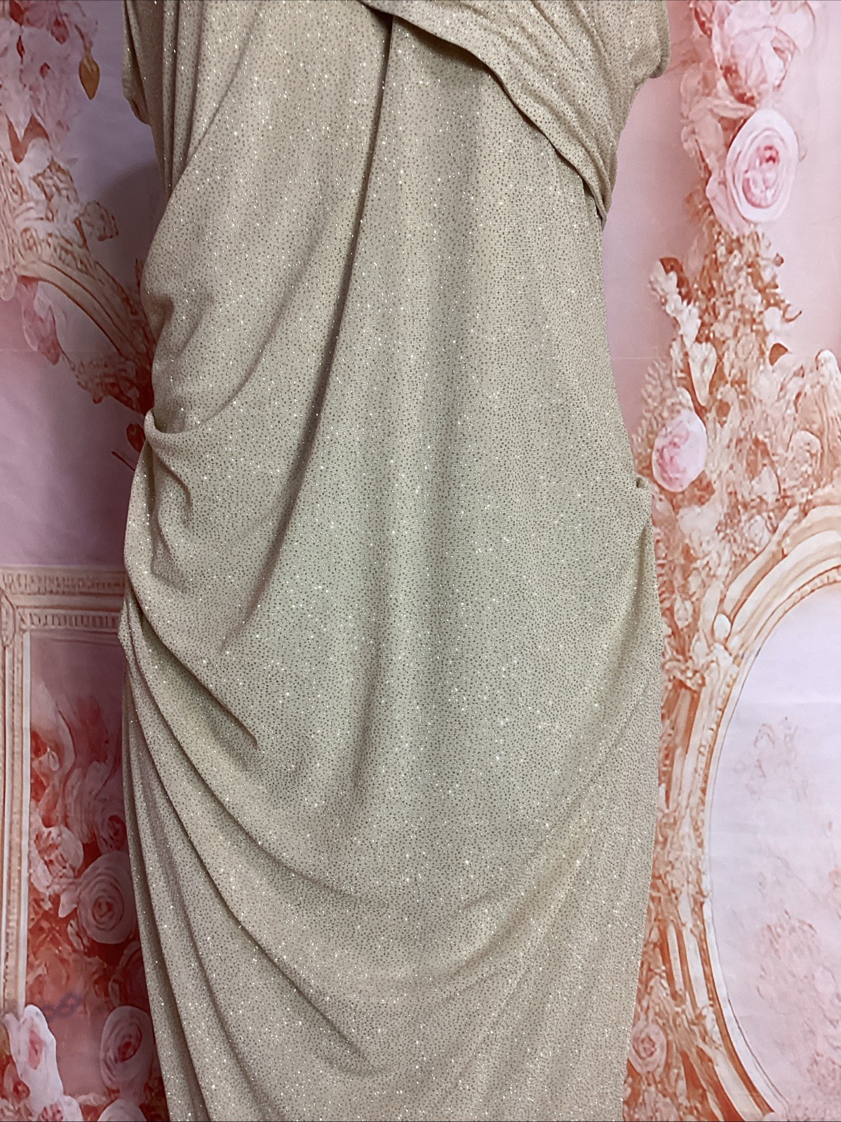 Candalite Champagne Sparkly Metallic Off Shoulder Cruise Prom Formal Gown L