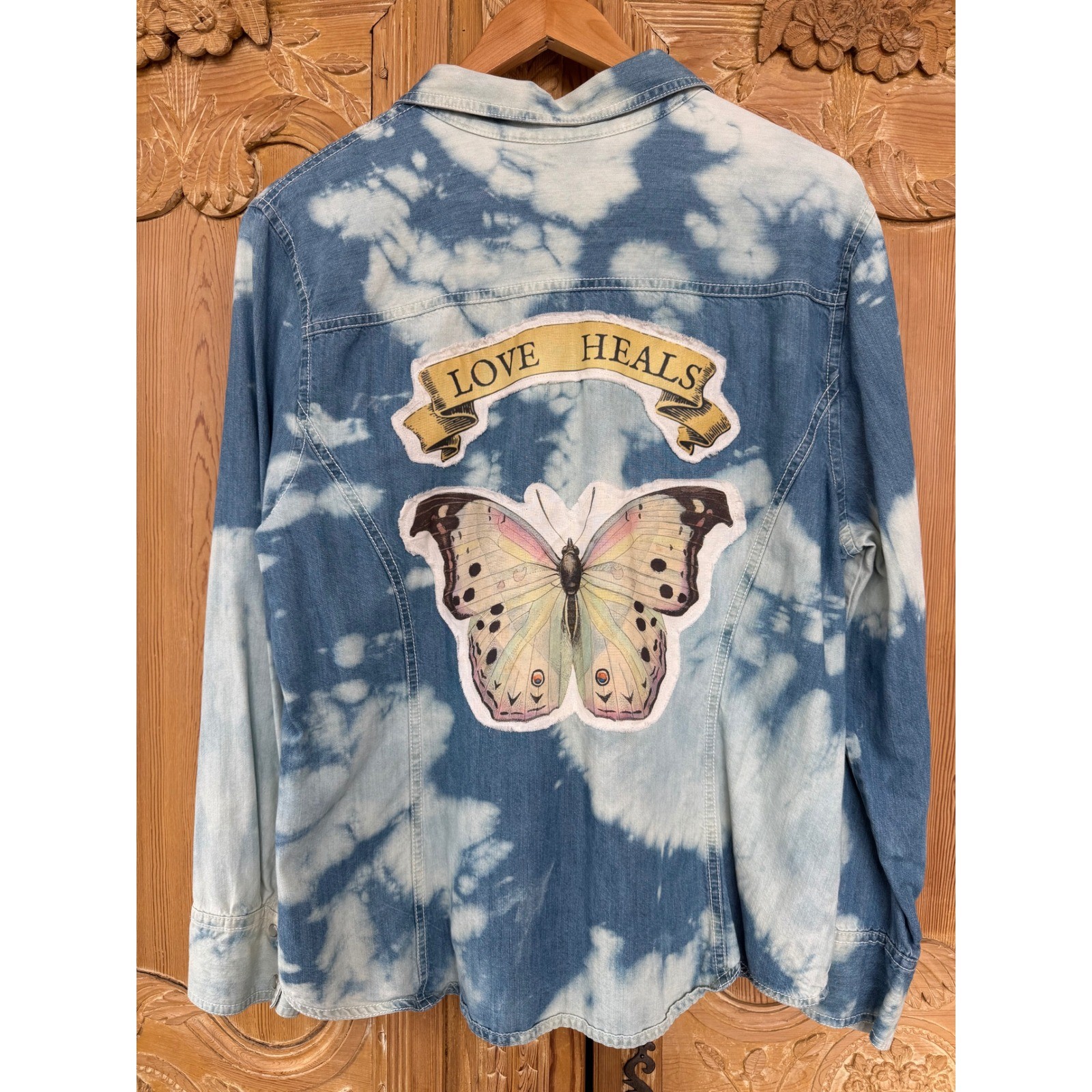 Love Heals Butterfly Denim Shirt XL – Upcycled Folk Art Pearl Snap