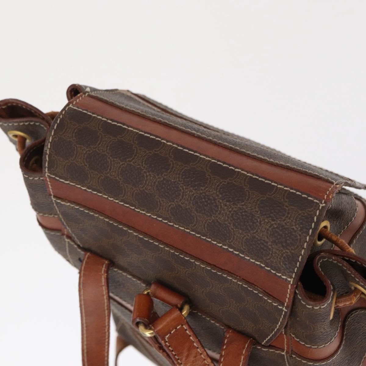 CELINE Macadam Canvas Backpack PVC Leather Brown Gold Auth bs32182