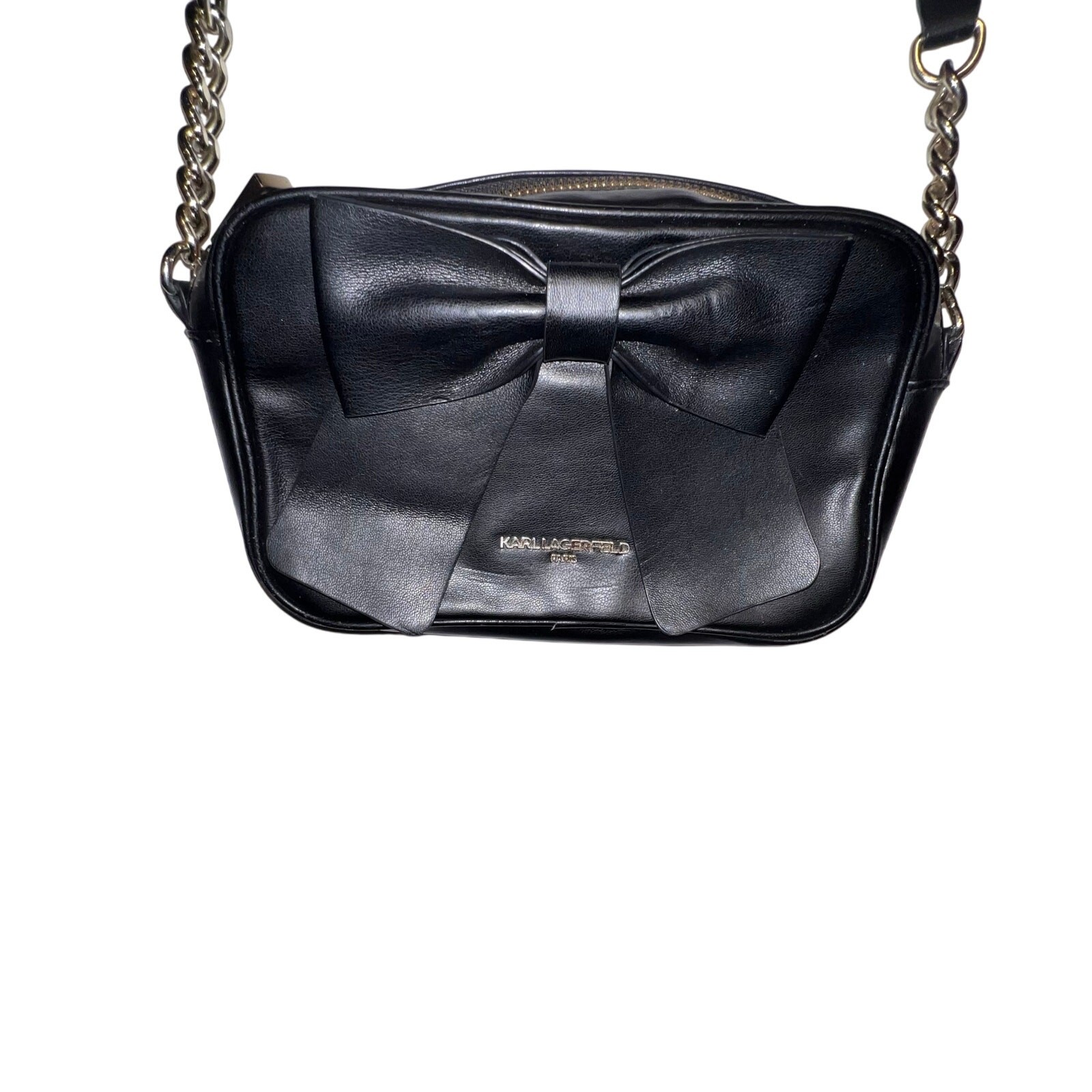Karl Lagerfeld Chunky Goldtone Chain Exposed Zipper Logo Black Kris Bow handbag