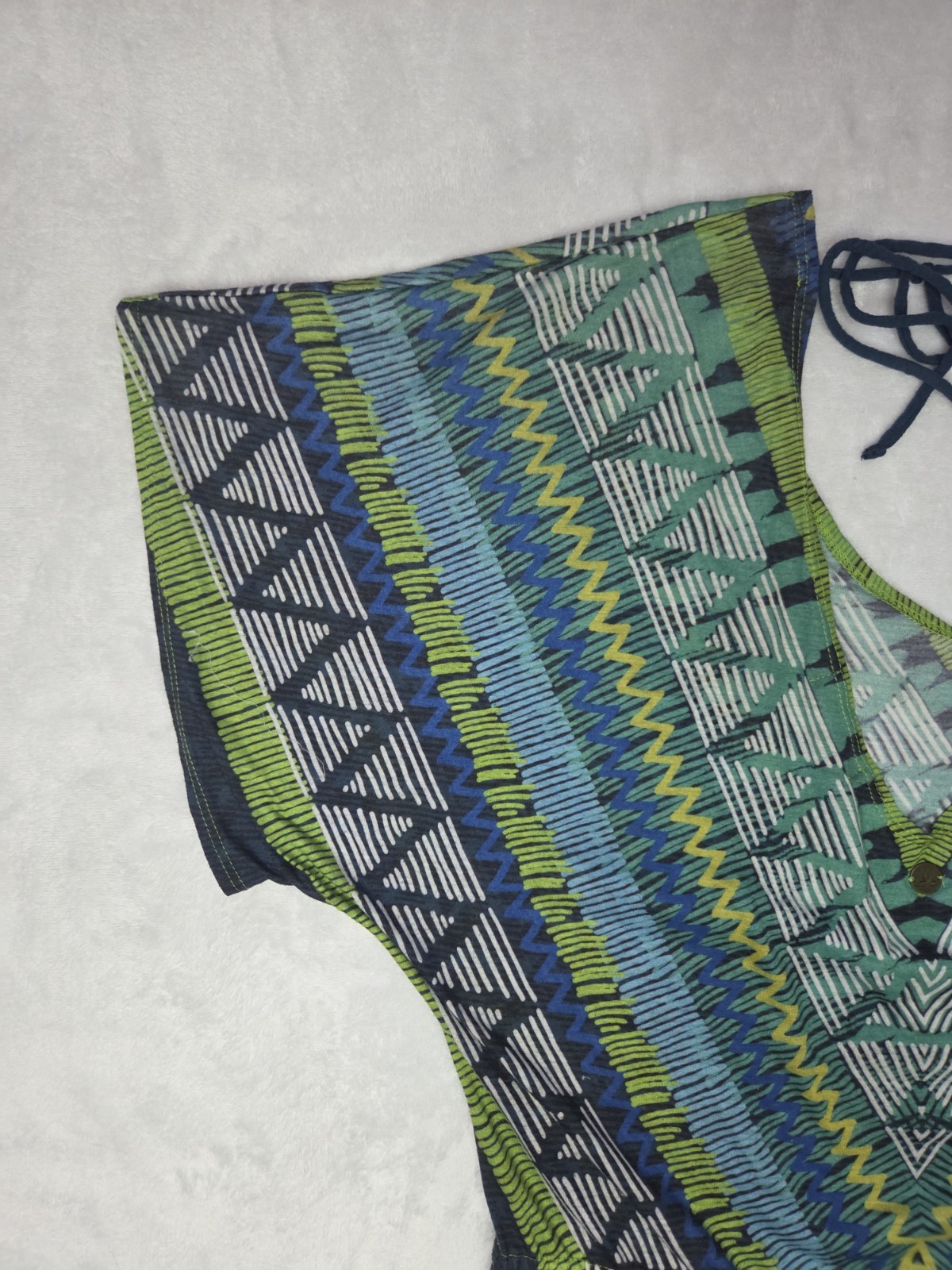 prAna Saida Kaftan Tunic Cover Up Green Teal Aztec Geometric Tissue Jersey S