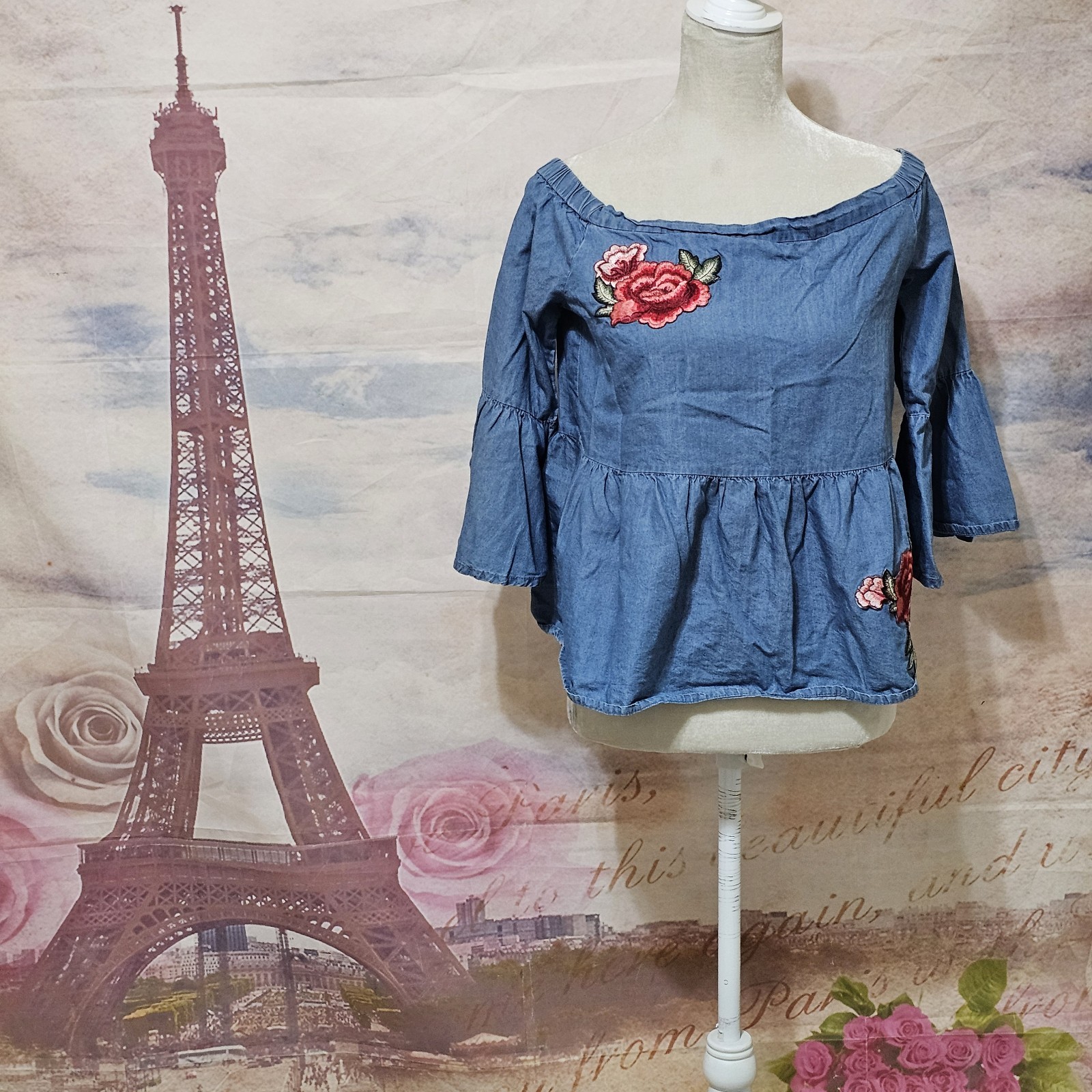 a.n.a Blue Floral Embroidered Blouse Sz S