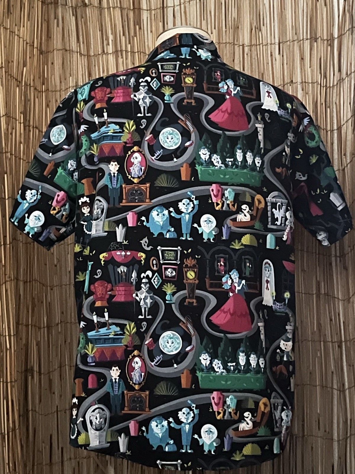 Garment One Mens SS Button Up Haunted Mansion Themed Shirt-Medium-Poly Spandex