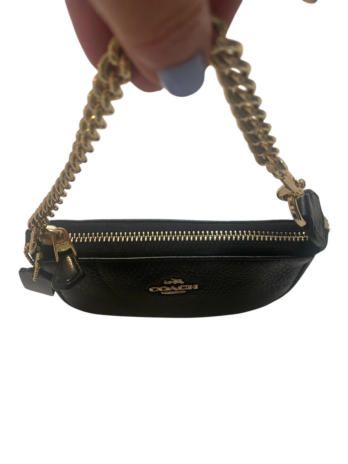 Coach Nolita 15 Clutch Black Pebbled Leather Wristlet Pouch w/ Gold-Tone Chain