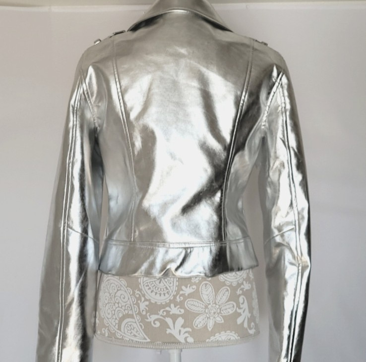 HAODUOYI Women’s Silver Jacket with Zipper cuffs Large