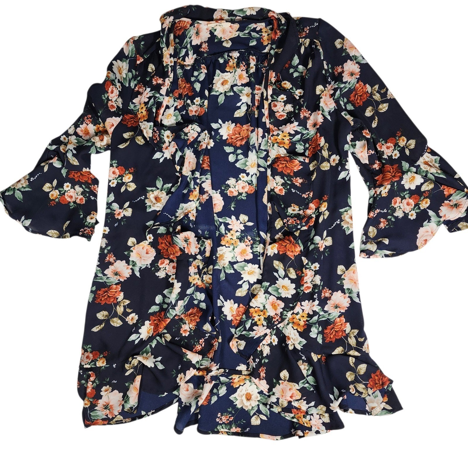 Entro Floral Print Kimono Jacket Navy Blue Bell Sleeve Ruffle Women’s M