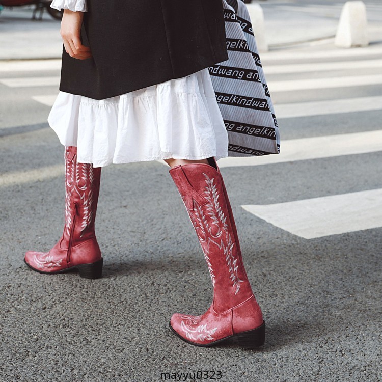 Womens Embossed Zip Mid Block Heel Cowgirl Mid Calf Knee High Boots Western PLus
