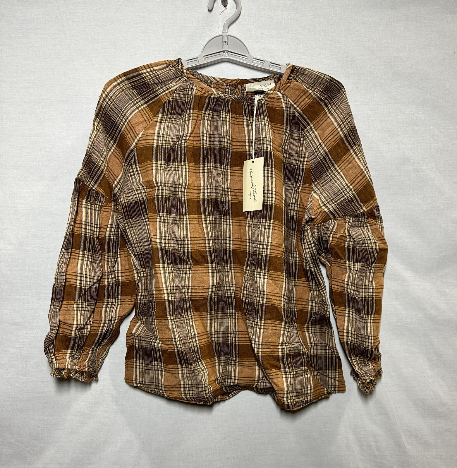 Women’s Universal Thread Dressy Long Sleeve Crewneck Popover Top- Brown Plaid S