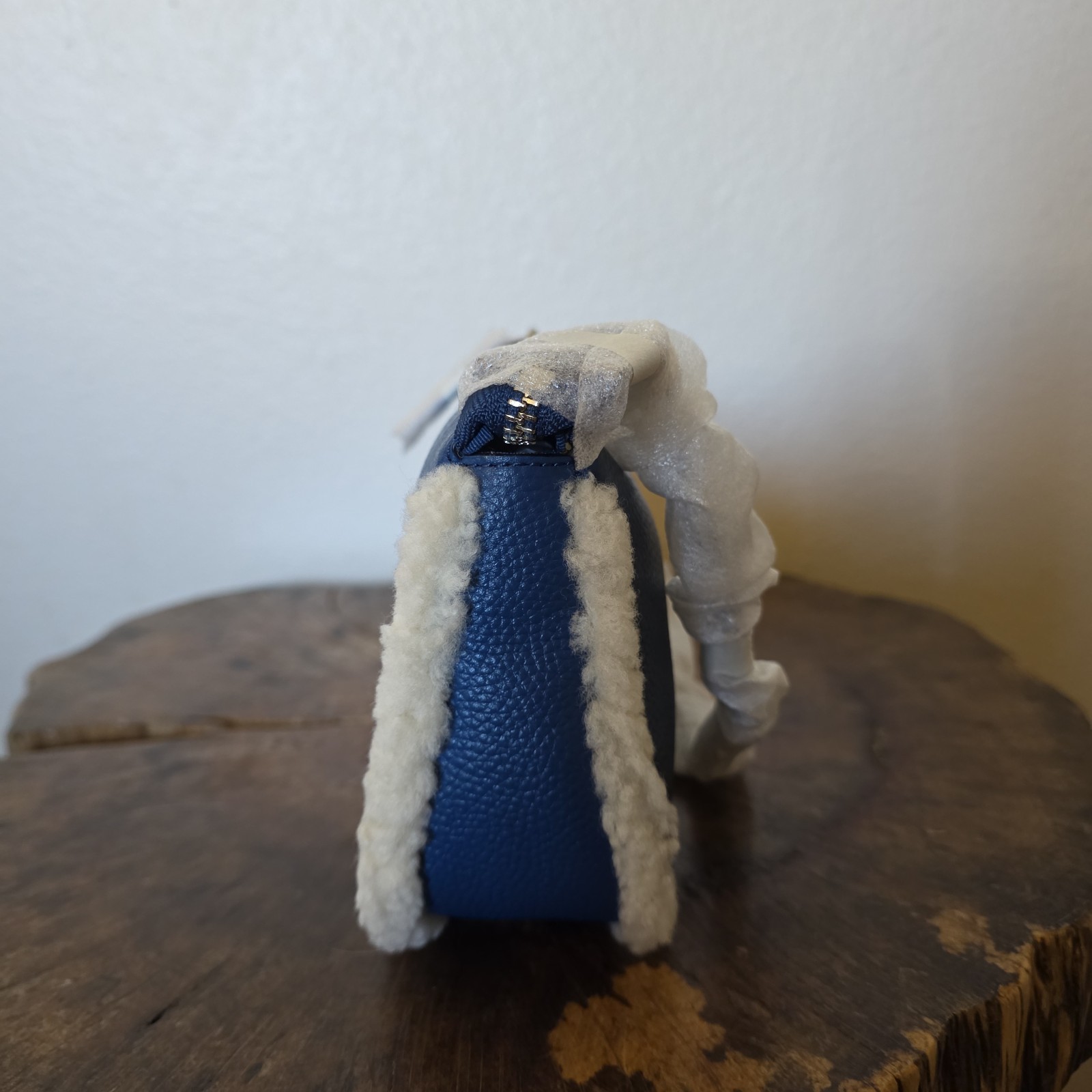 Coach Nolita 19 Shearling Blue Pebble Leather Wristlet Chain Bag NWT