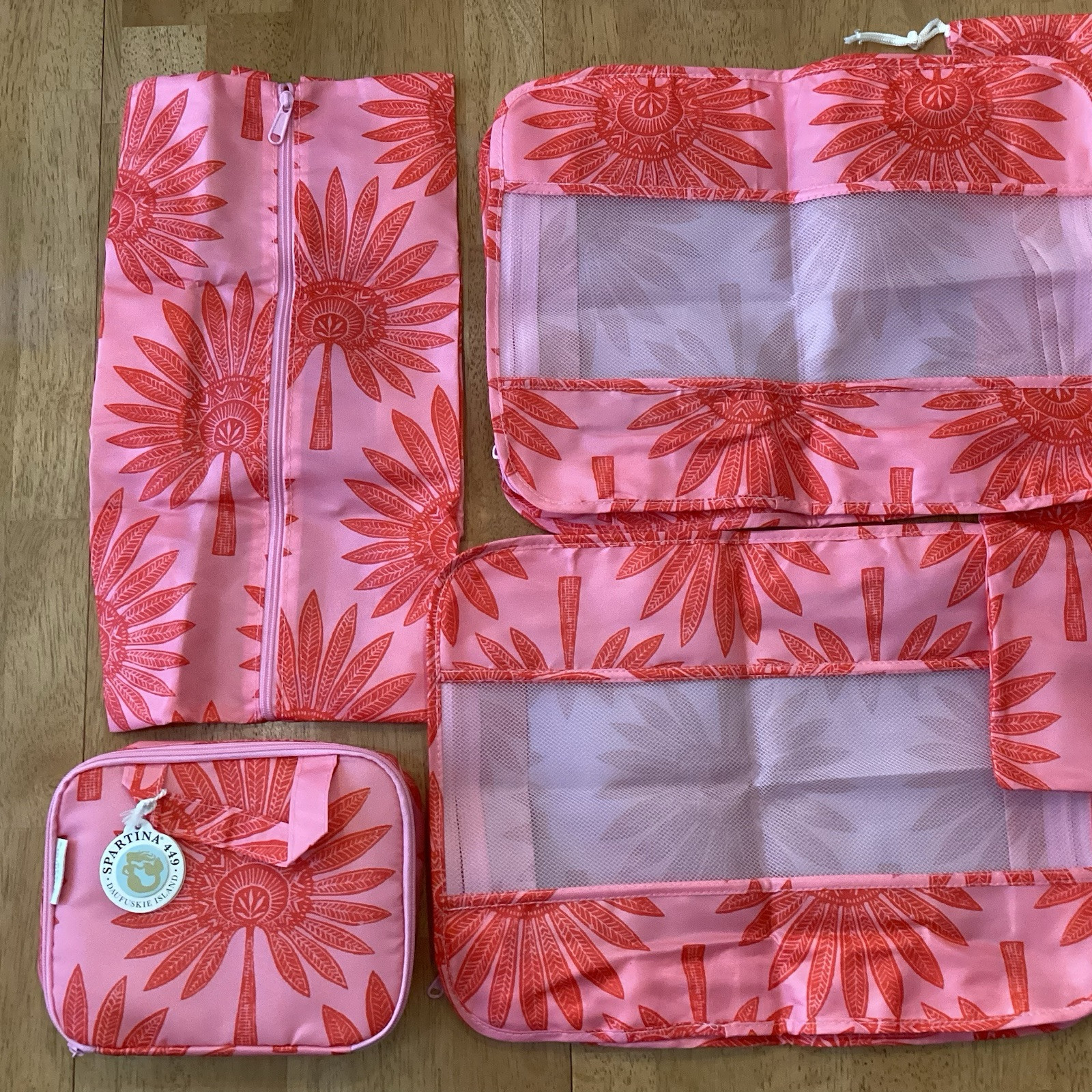 Spartina 449 6-piece Packing Cubes Palmetto Frond Print NWT Pink Red