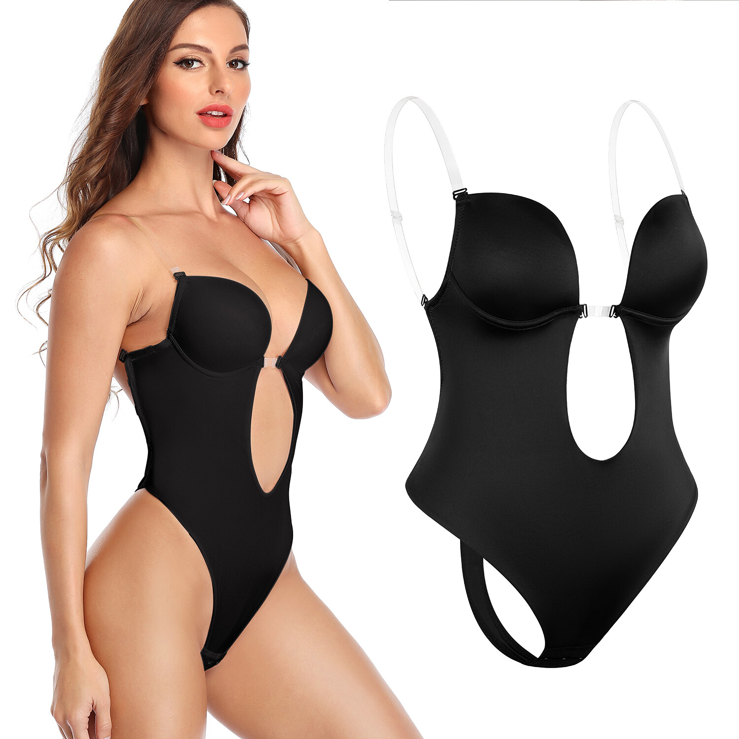 Women Deep V Neck Body Shaper Backless U Plunge Thong Bodysuit Push Up Shapewear