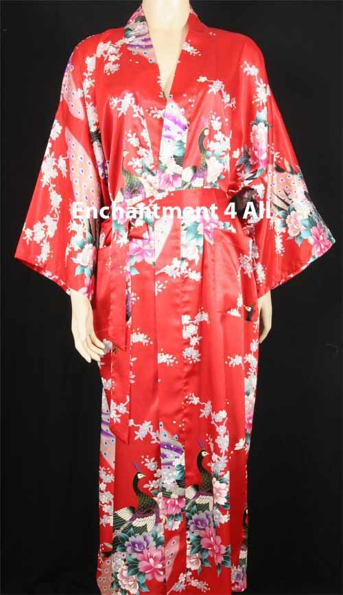 Elegant Peacock Silk Satin Kimono Robe Sleepwear Long w/ Waist Tie, Red