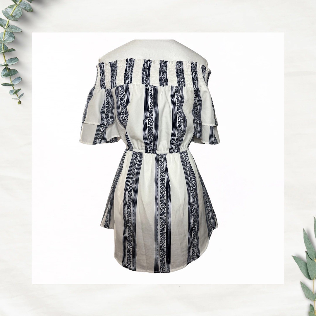 Hint of Blush Off Shoulder Striped Dress White Navy Tie Waist | Women’s Small