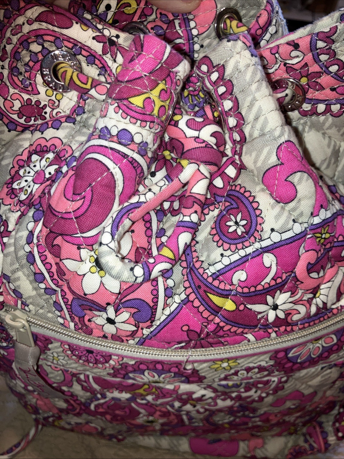 VERA BRADLEY Pink “Paisley Meets Plaid” Quilted Drawstring Cinch Backpack-Clean-