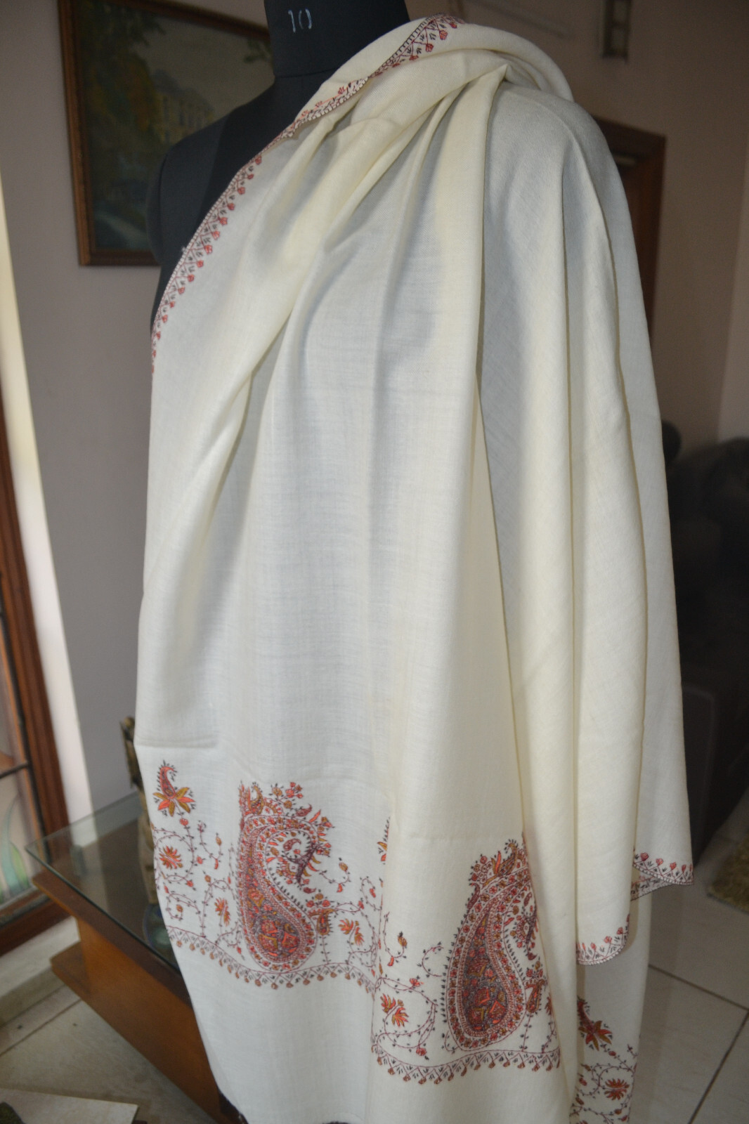 WHITE MICRO JAAL KASHMIRI HAND EMBROIDERY WEDDING SHAWL 100% CASHMERE PASHMINA
