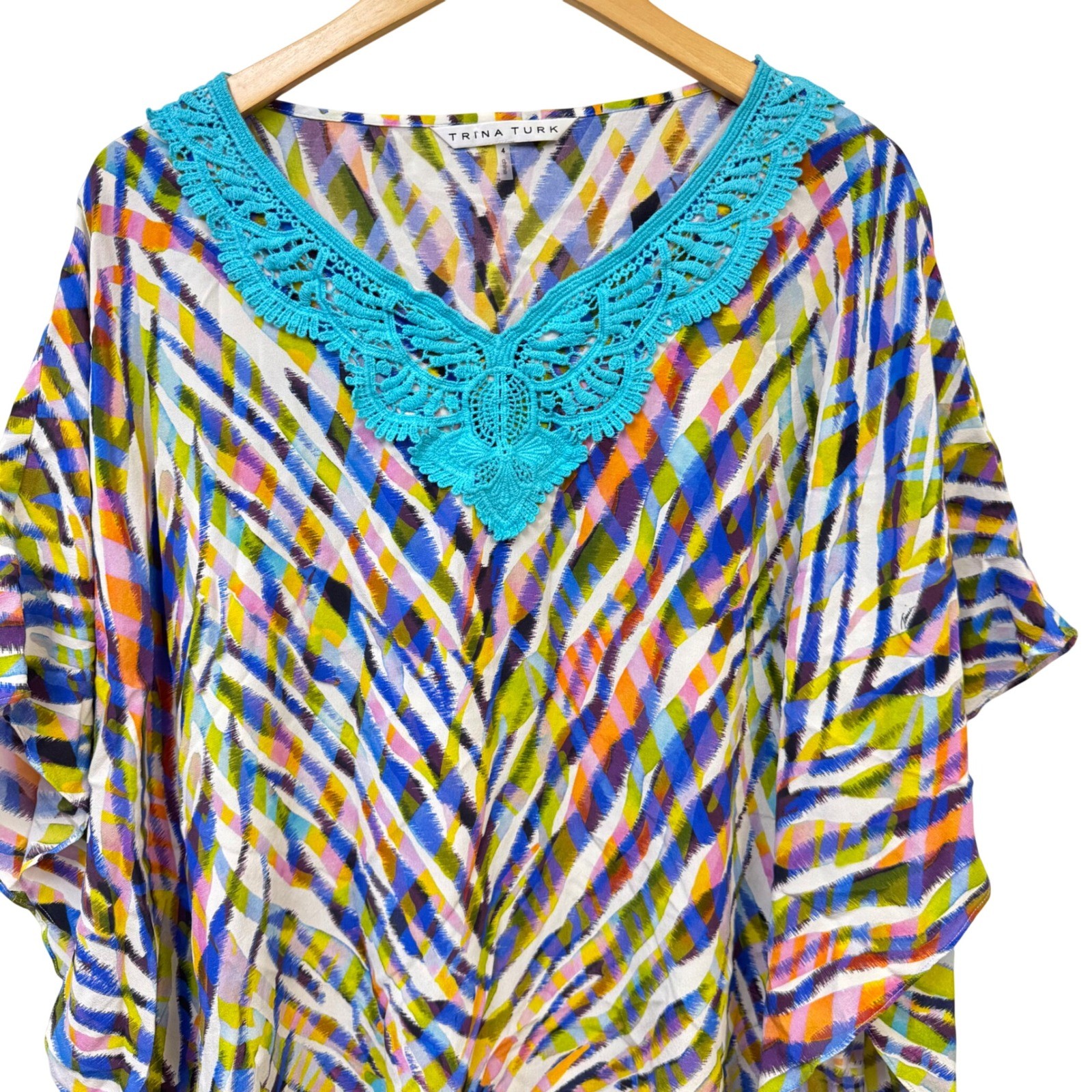 Trina Turk 100% Silk Caftan Top 4 Batwing Multicolor Crochet Trim Boho Resort