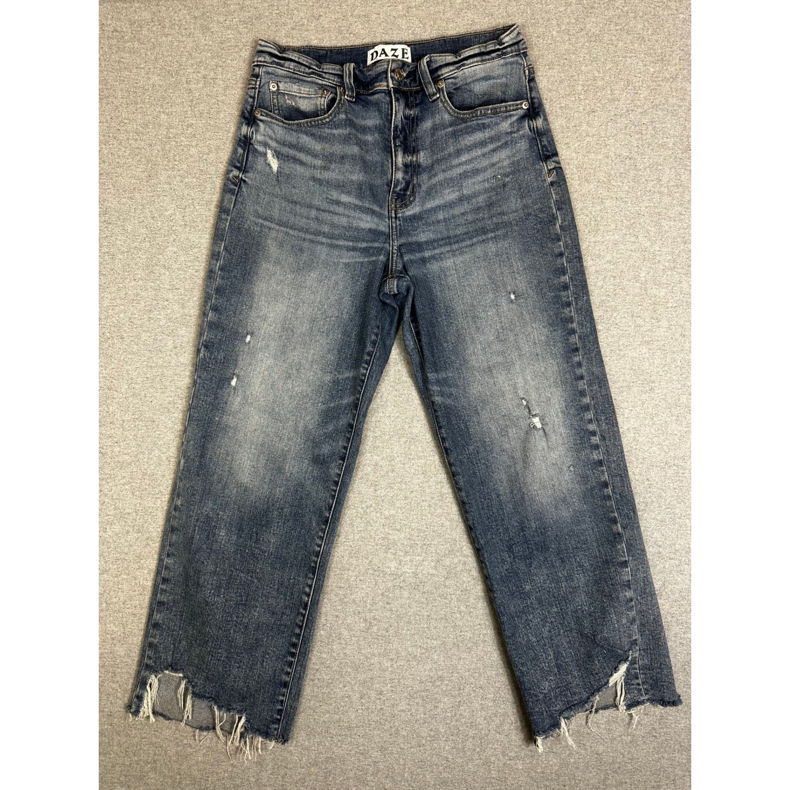 Daze Denim Womens High Rise Straight Leg Distressed Raw Step Hem Blu