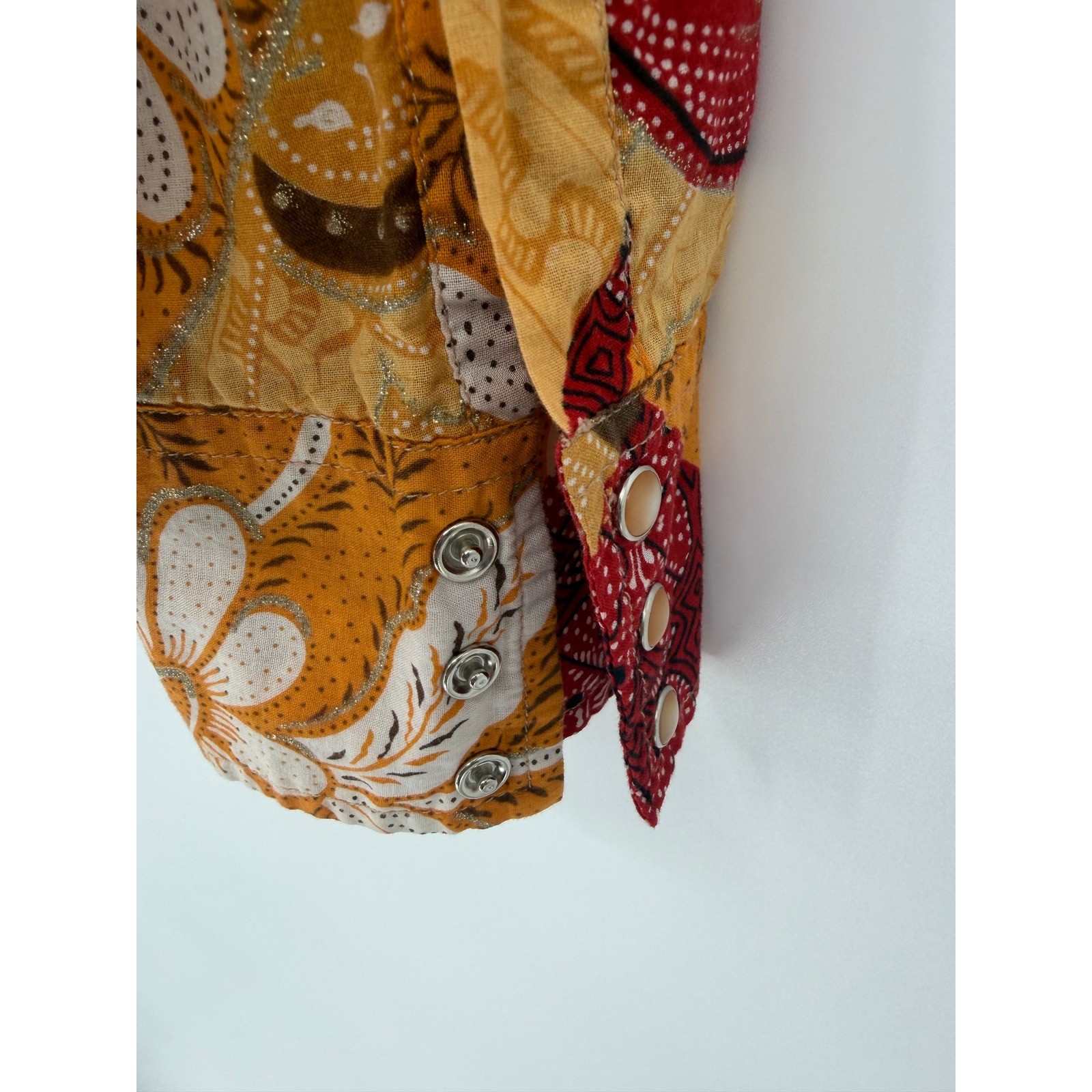 Roper Womens L Western Snap Shirt Patchwork Batik Floral Glitter Cotton Mustard
