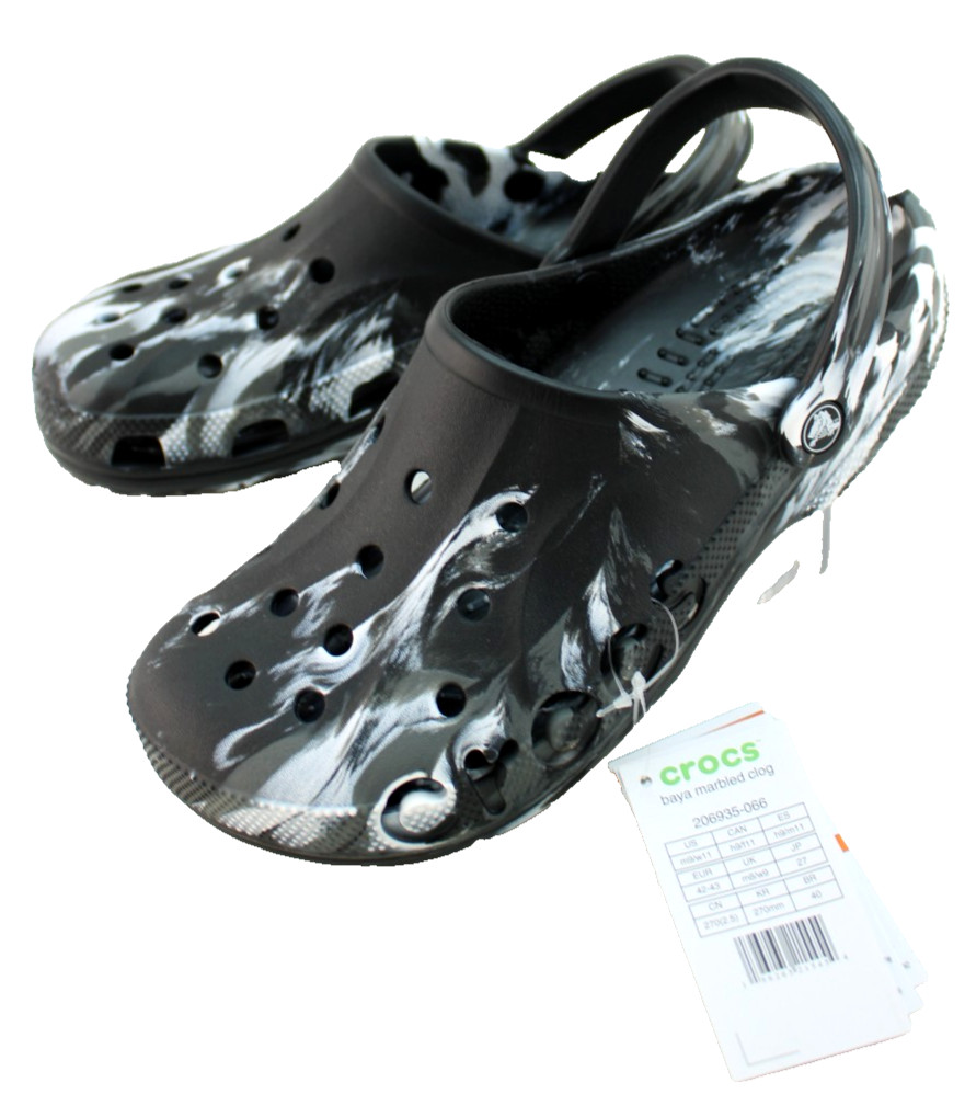 CROCS Baya Men’s 10 Black / White Marbled Croslite Foam Slide Sandals RETAIL $55