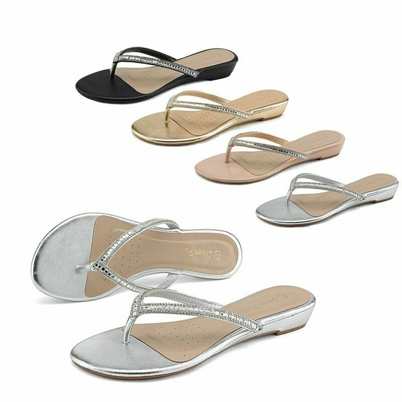 Women Party Rhinestones Flip-Flop Slides Flat Sandals Thong Open Toe Shoes Size