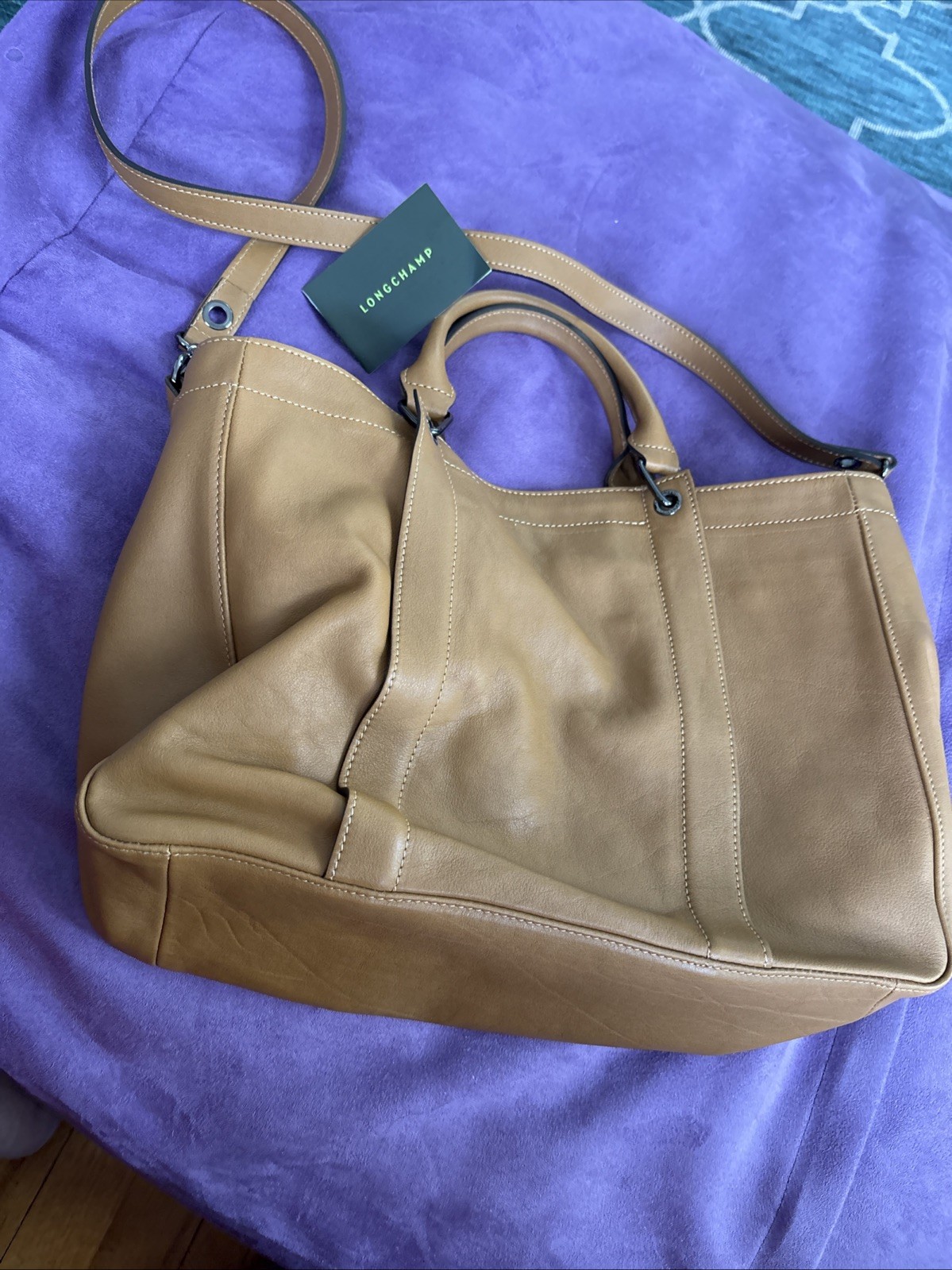 Longchamp naturel All Leather Hand Bag Tote Purse Leather brown L1285770016